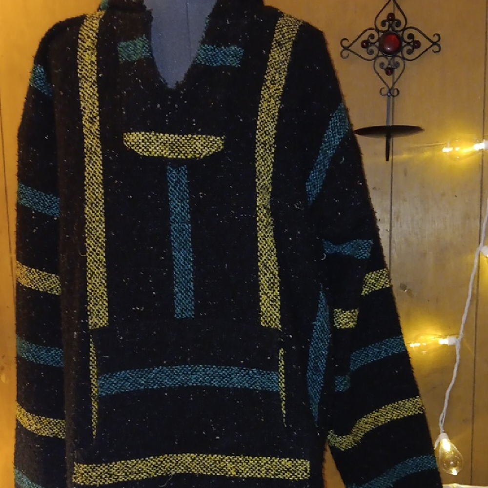 Black Baja-Style Hoodie Sweater with Teal and Yellow Stripes